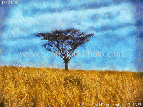 Image of Single Thorn Tree in Grass Field Painting