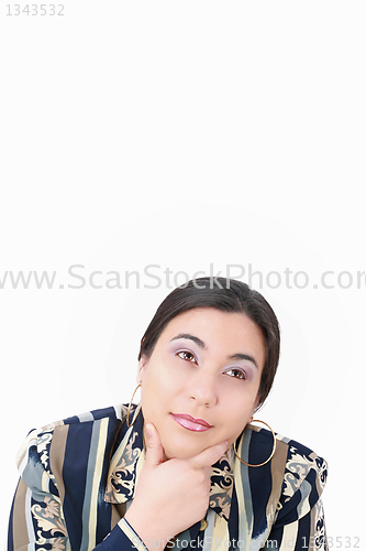 Image of thoughtful woman looking up isolated over white background