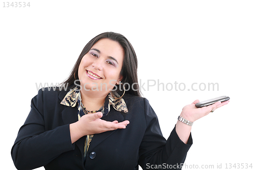 Image of business woman presenting something on hand isolated on white 