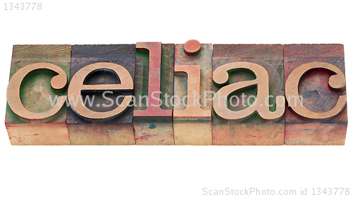 Image of celiac word in letterpress type