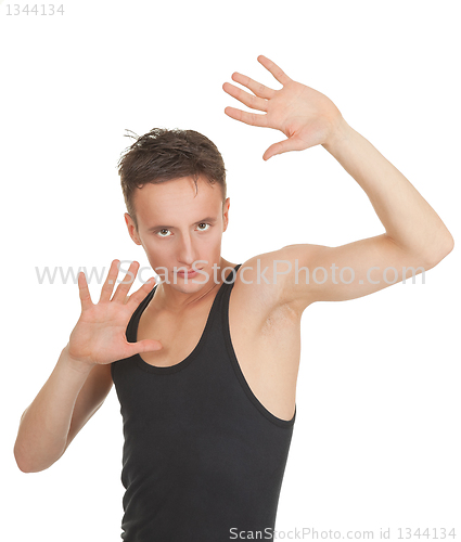 Image of A young dancer in training, the portrait on a white background.