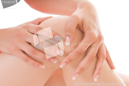 Image of Women's knee touches the fingers