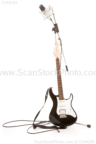 Image of guitar and stand with a microphone 