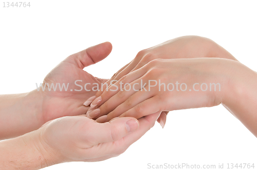 Image of men's hands supporting women's hands