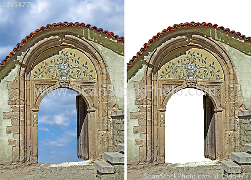 Image of Old stone front door isolated