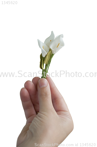 Image of Hand gives small bouquet flowers