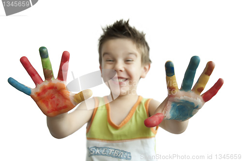 Image of Children colored hands.Arms stretched forward.