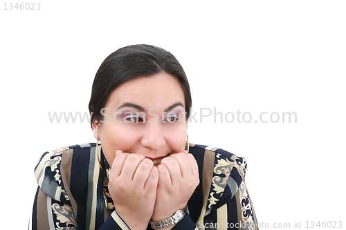 Image of Head shot of worried woman over white background 