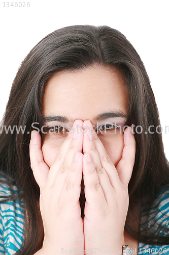 Image of Young businesswoman covering her mouth with hands 