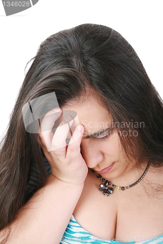 Image of Young beautiful woman in depression, isolated on white 