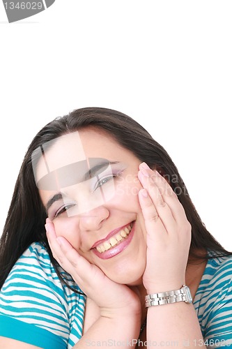 Image of happy young woman smiling, isolated over white background