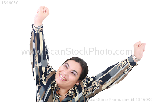 Image of happy attractive young girl with her hands up 