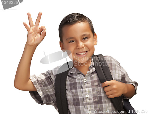 Image of Happy Young Hispanic Boy Ready for School on White