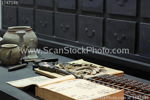 Image of abacus and book on the table in a chinese old shop