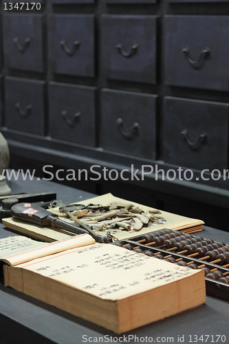 Image of abacus and book on the table in a chinese old shop