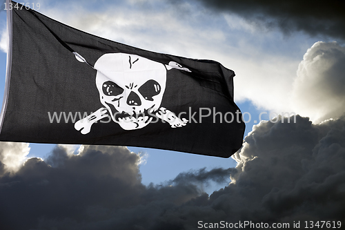 Image of Jolly Roger (pirate flag) against storm clouds
