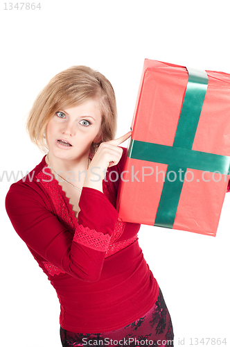 Image of Happy woman with Christmas presents