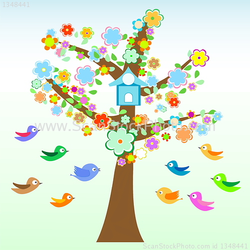 Image of bird and tree with flowers and leaves card Vector