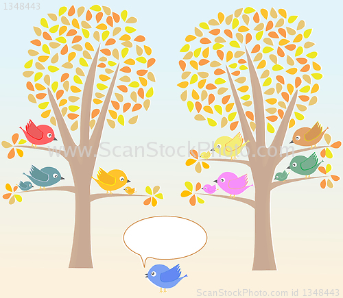 Image of Greeting card with birds under tree vector