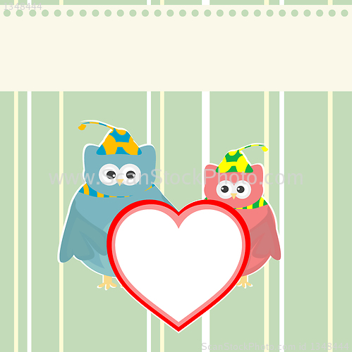 Image of cute owl holding red love heart card vector background