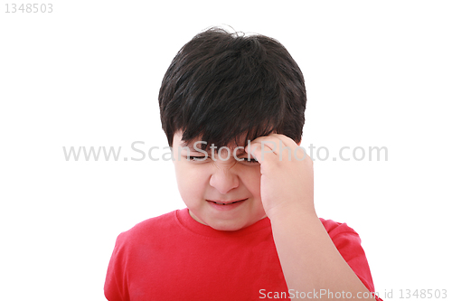 Image of A boy with a headache; isolated on the white background 