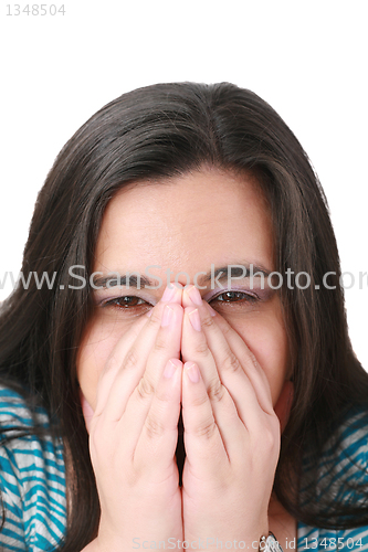 Image of Depressed, sad woman on white background 