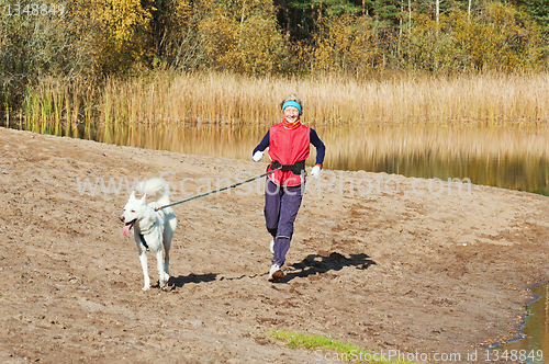 Image of The sports woman with a dog run along coast of the rivers