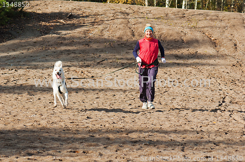 Image of Running the sports woman with a dog