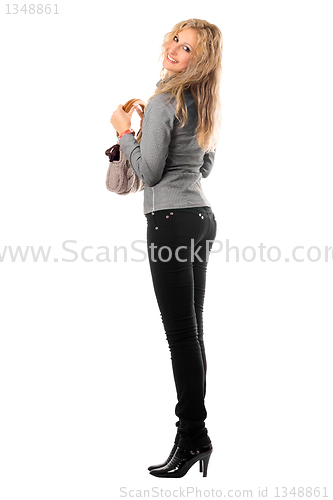 Image of Cheerful pretty blonde with a handbag