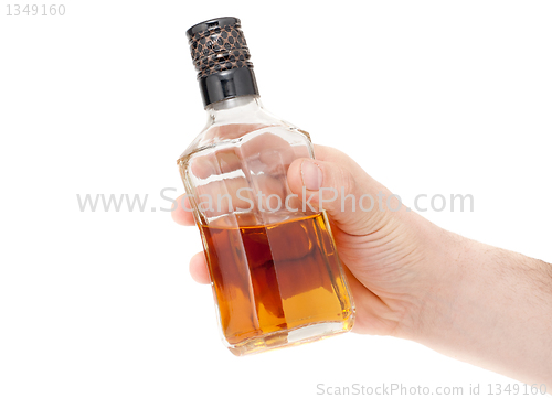 Image of Hand holding an bottle on white background, 