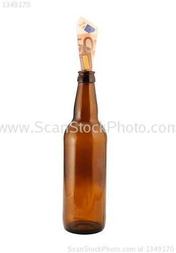 Image of Empty beer bottle and money. Isolated on white background 