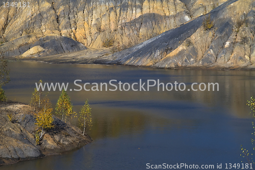 Image of yellow autumn birches and a lake