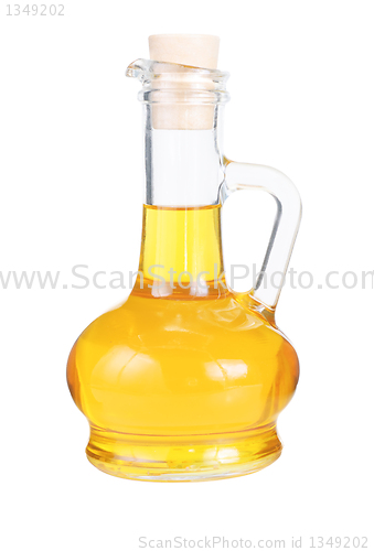 Image of Small decanter with sunflower oil isolated on the white background 