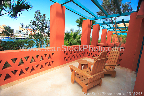 Image of tropical balcony with sea view
