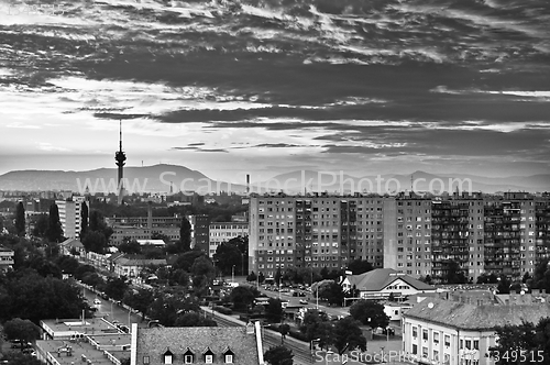 Image of Black and white photo of a city