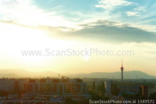Image of Sunset with old city and and tower