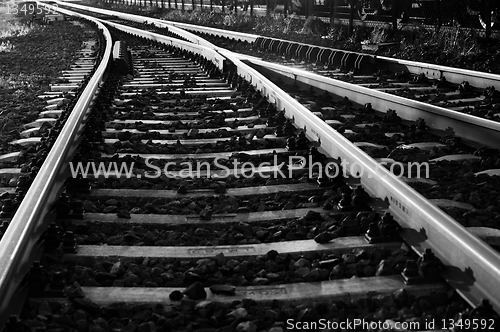 Image of Black and white photo of some old rails