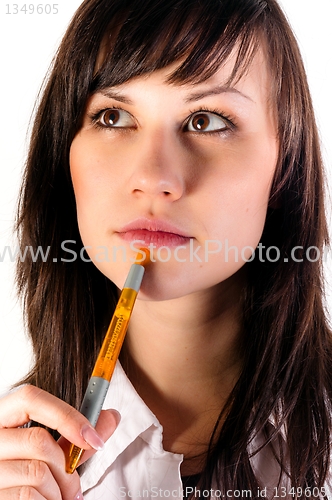 Image of Young business woman thinking against isolated background