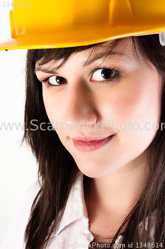 Image of Close up of a beautiful architect woman against isolated white b