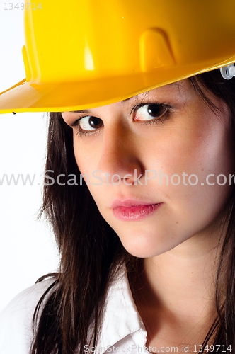 Image of Close up of a beautiful architect woman against isolated white b