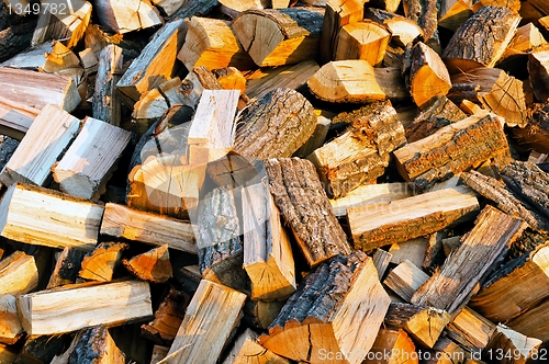 Image of Texture of firewood piled up with evening light