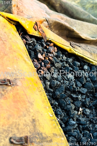 Image of Big stack of industrial coal in yellow sack