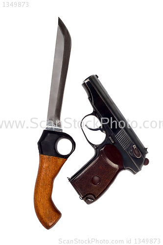 Image of Knife and pistol. Isolated on white background