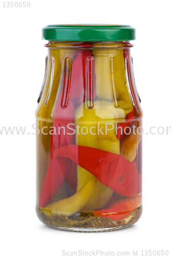 Image of Chili peppers marinated in the glass jar