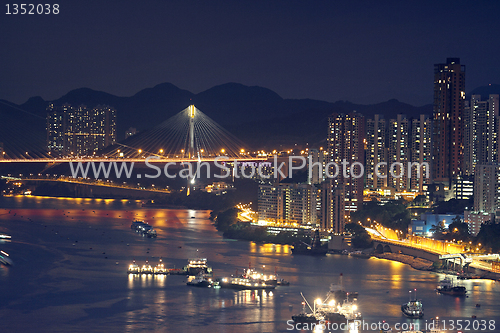 Image of modern buildings in city, bridge and paartment