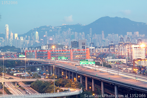 Image of Hong Kong Bridge of transportation ,container pier.