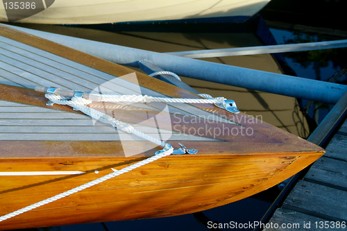 Image of Bow of wooden sailboat