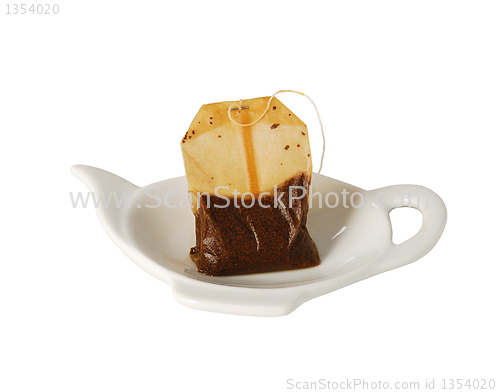 Image of Used teabag on teapot shaped saucer