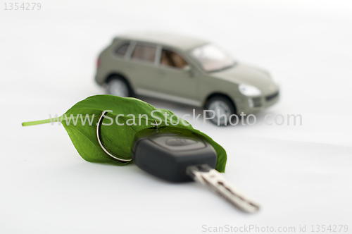 Image of Key, green leave and a car.Ecology conception