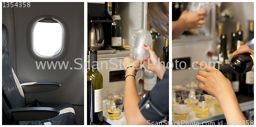 Image of Passenger seat in an airplane. Stewardess poured drinks